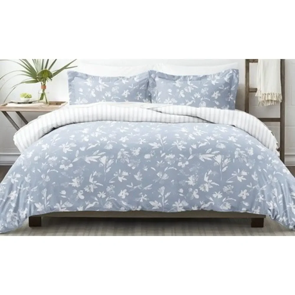 Noble Linens Blue Reversible Country Home 3PC Duvet Cover Set King/CalKing